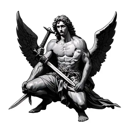 Archangel Michael Knealing With Sword