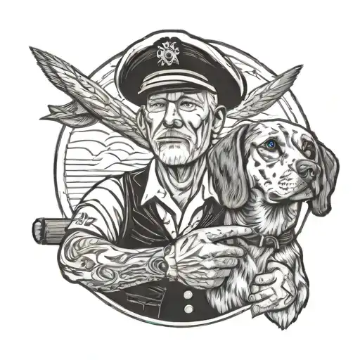 A Blackwork Portrait Of A Navy Veteran With A Cigar In Hand And Their Loyal Dog By Their Side