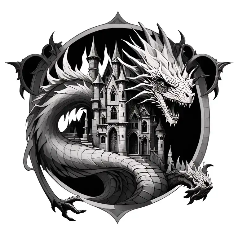 Gothic Castle With Rosales And A Realistic Dragon