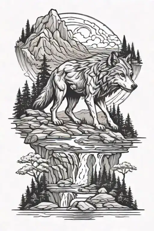 Wolf Mountain And River Flowing