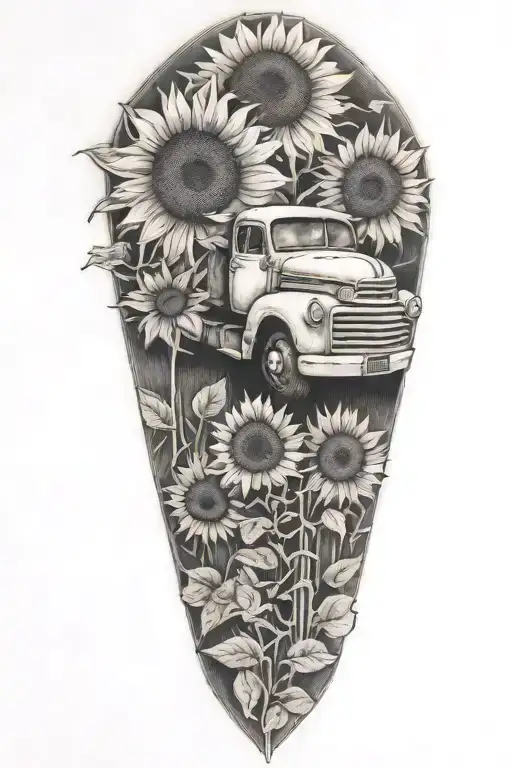 A Blackwork Tattoo Of A Truck Morphing Into A Field Of Sunflowers