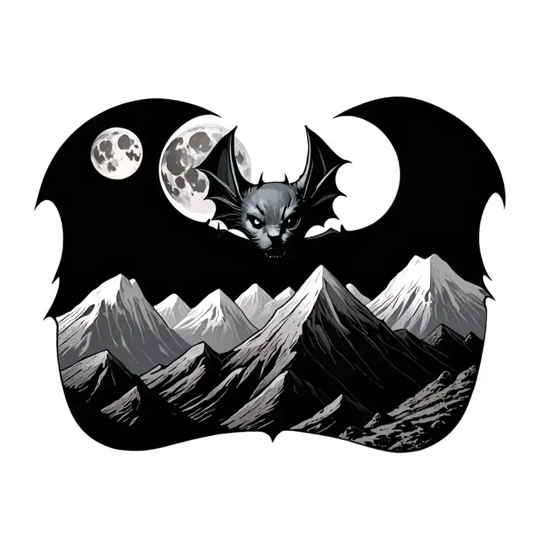 Bat With Moon Phases And Mountain