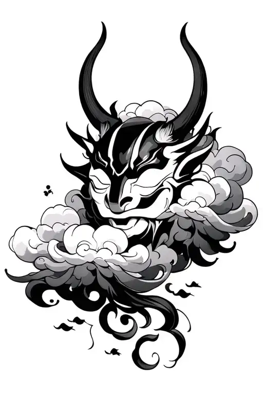 Japanese Clouds Black With Oni Mask