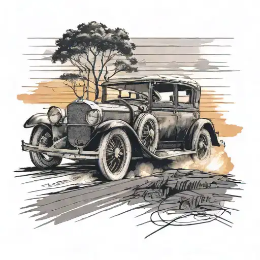 A Black And Grey Tattoo Of A Vintage Car On A Deserted Road At Sunset