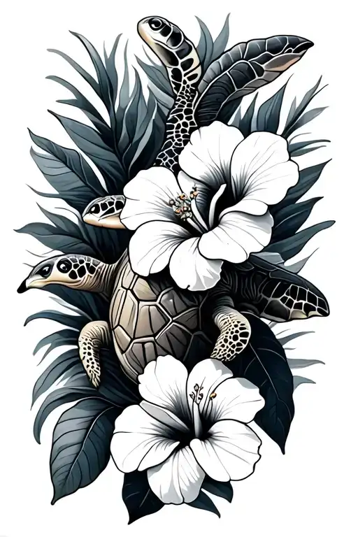 Sea Turtle And Hibiscus Flower Intertwined
