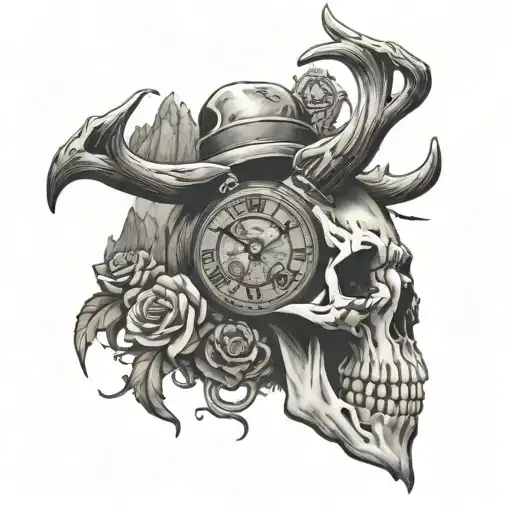 Buck Skull With A Time Piece And Mountains