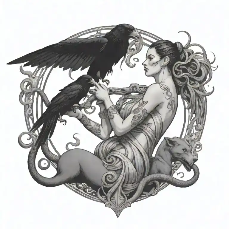Hel Goddess With A Raven Flying From Behind Her Head And A Snake And Hellhound Standing On Her Sides