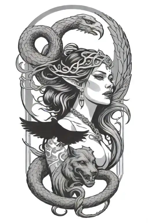 Hel Goddess With A Raven Flying From Behind Her Head And A Snake And Hellhound Standing On Her Sides