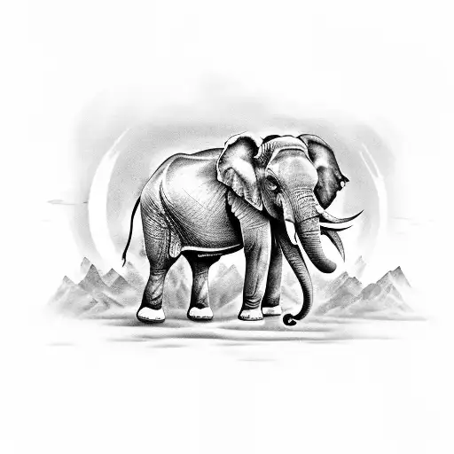 A Mystical Black-grey Tattoo Of An Elephant Surrounded By Lush Greenery And Colorful Butterflies