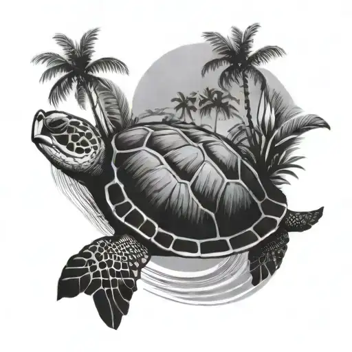 Sea Turtle Surrounded By Palms Rising Sun