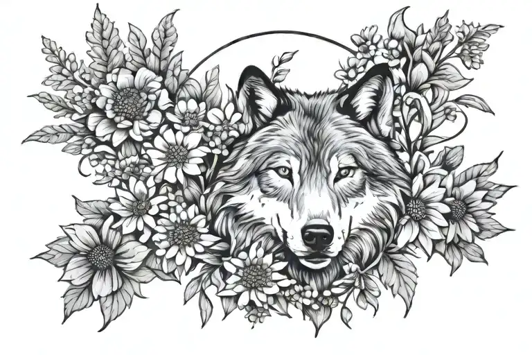 Wolf Head And Crysanthemums And Forget Me Nots Surrounding