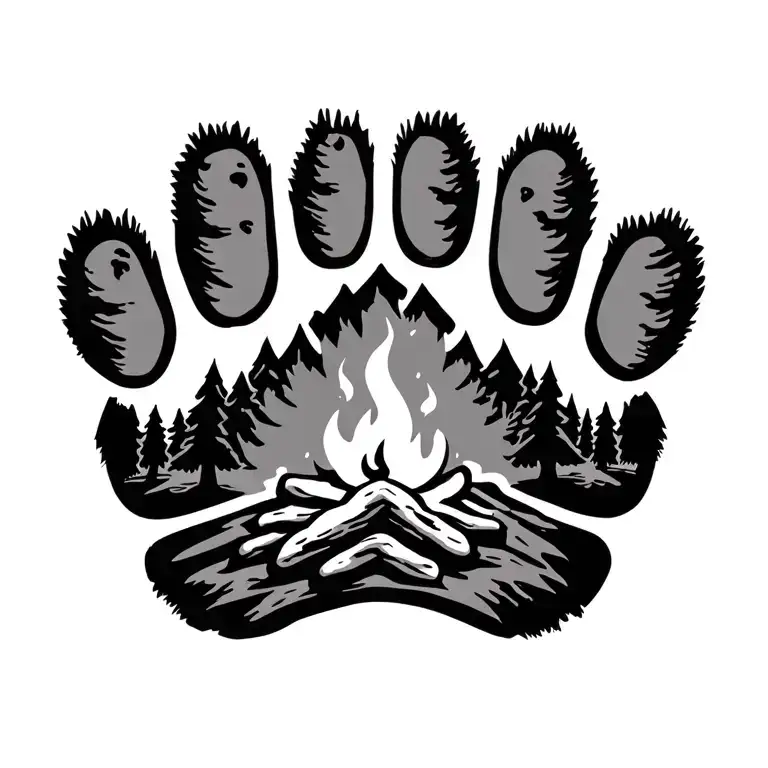 Bear Paw Print With Campfire Inside And Trees