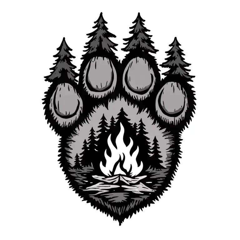 Bear Paw Print With Campfire Inside And Trees