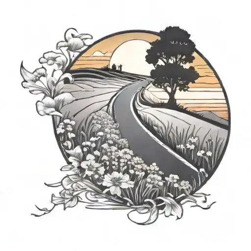 A Winding Road Leading Into A Sunset With A Field Of Flowers On The Side