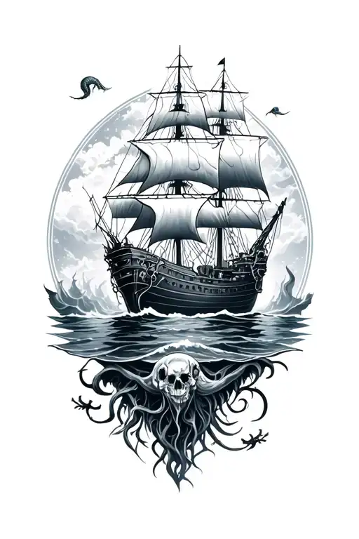 Ocean Abyss With Ghost Ships And Sea Creatures