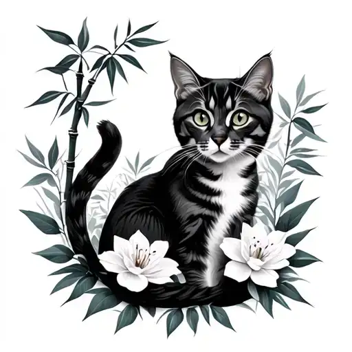 Bamboo Forest And Cats And Flowers