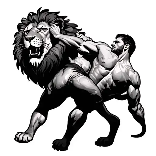 Man Wrestling A Lion