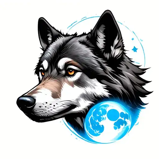 Wolf Head With Blue Moon