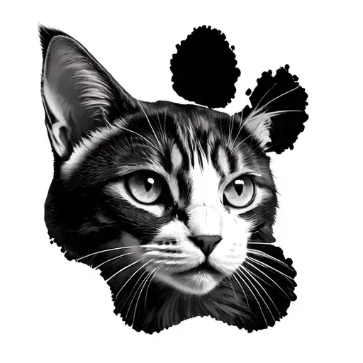 Cat Face In Paw Print One Black Ear One White Ear