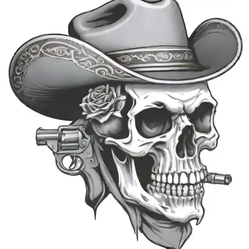 Skull With A Cowboy Hat And Bandana And Pistol