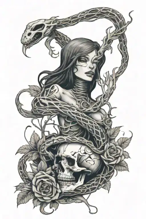 Women With Snake Reaching Out To Skeleton With Vines