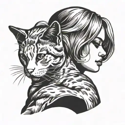 Side View Of Woman And Cat Face Snuggling Outline