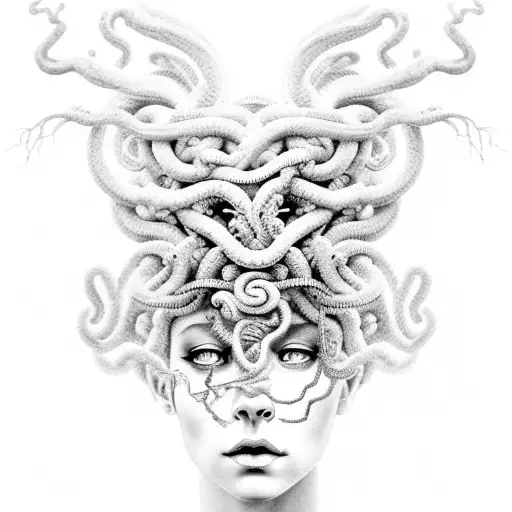 A Black And Grey Realistic Portrait Of Medusa With Intricate Detailing