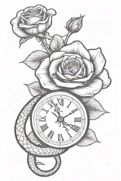 Hand Clock With Snake Vining Around With Three Rose Behind Drawing