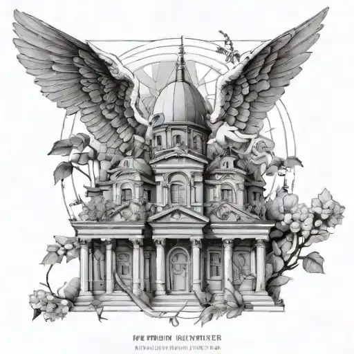 A Stylized Architectural Blueprint Incorporating Angelic Figures And Nature Elements