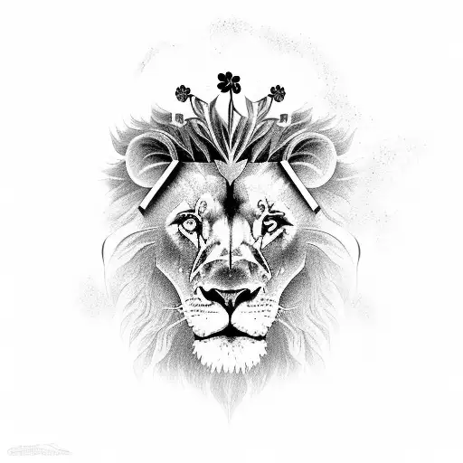 A Black And Grey Portrait Of A Lion Wearing A Four-leaf Clover Crown