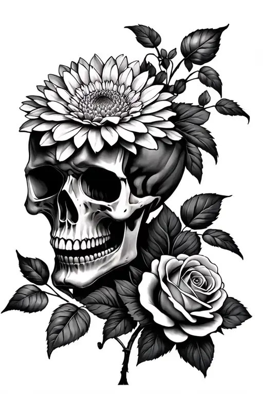 Skull Chrysanthemum And Rose