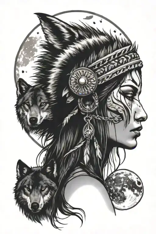 Native American Woman With Wolf Head Hat And Moon Behind