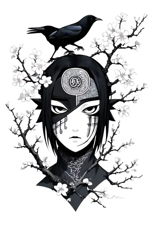 Yone Mask With Itachi Eyes And Crow Cherry Blossom Tree