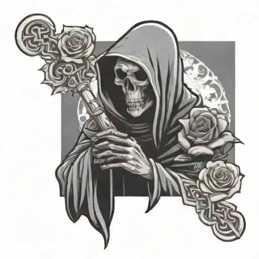Grim Reaper Holding A Rosary Cross And Rose Wrapped