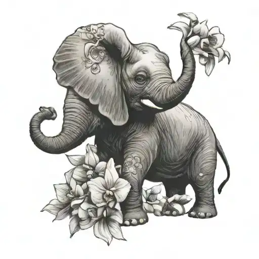 Small Elephant With Orchids Branch