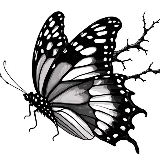 Butterfly With Torn Wings With Dead Gnarled Branches In Background