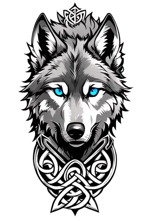 Wolf With Blue Eyes On Armor Tattoo Design Featuring Celtic Trinity Knot