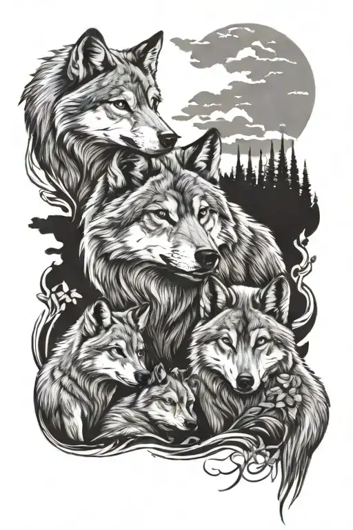 Wolf With 3 Cubs