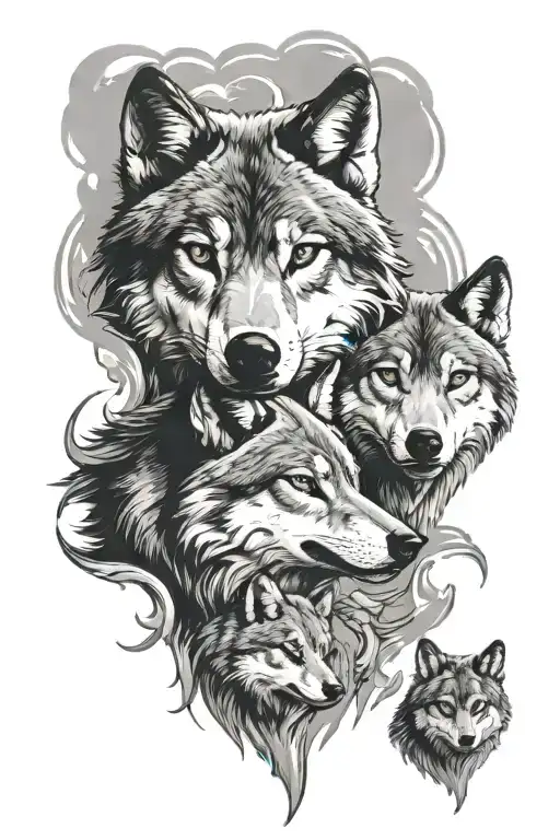 Wolf With 3 Cubs