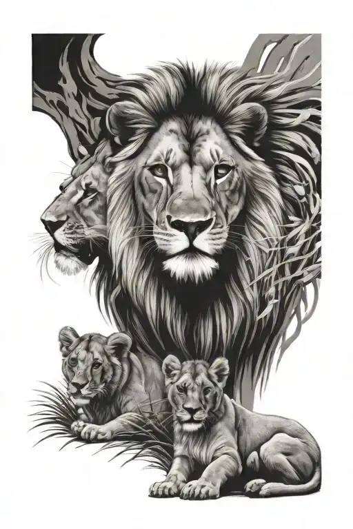 Lion With 3 Cubs