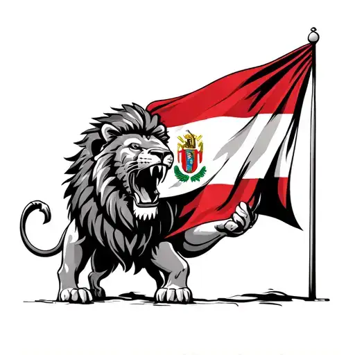 A Vicious Lion Holding On To A Peru Country Flag With Its Teeth