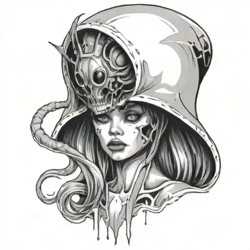 Beautiful Alien With A Man's Head Ripped Open Over Hers Like A Hat