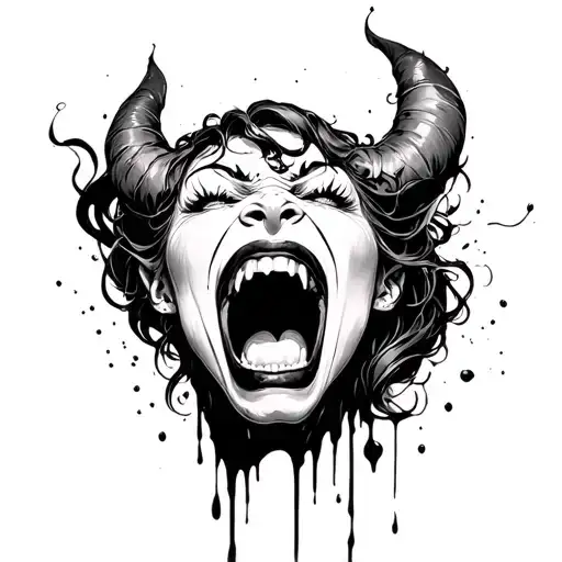 Lilith Black And White Demon Shouting Blood Splatter Line Art