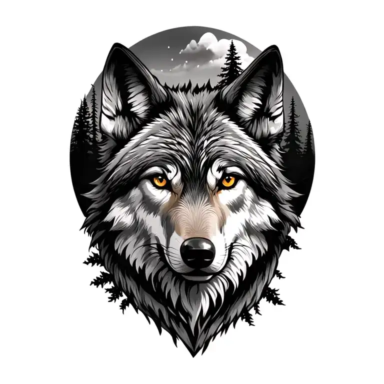 Wolf Face And Forest Scene Featuring