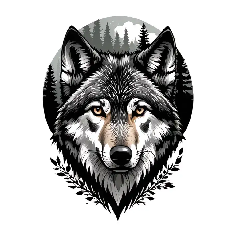 Wolf Face And Forest Scene Featuring