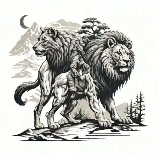 A Hunting Scene In The Mountains With A Lion And Wolf Working Together To Catch Their Prey