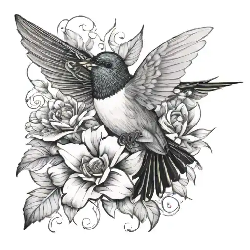 Butterfly Humming Bird With Flowers