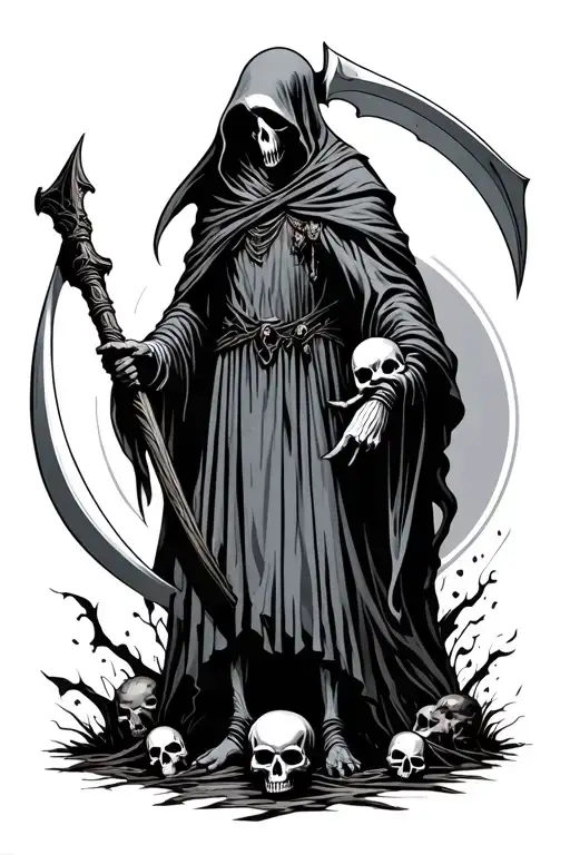 Reaper Holding A Scythe With Skulls