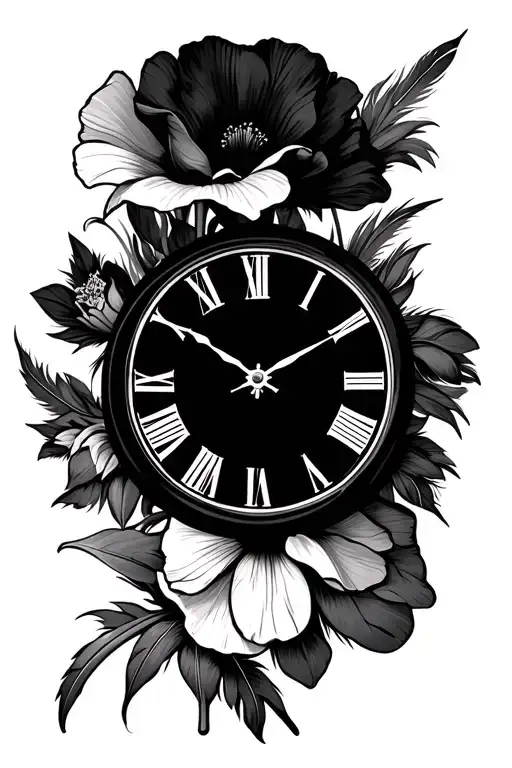 Roman Numeral Clock Face With Gladioli And Poppy Flower With Feathers