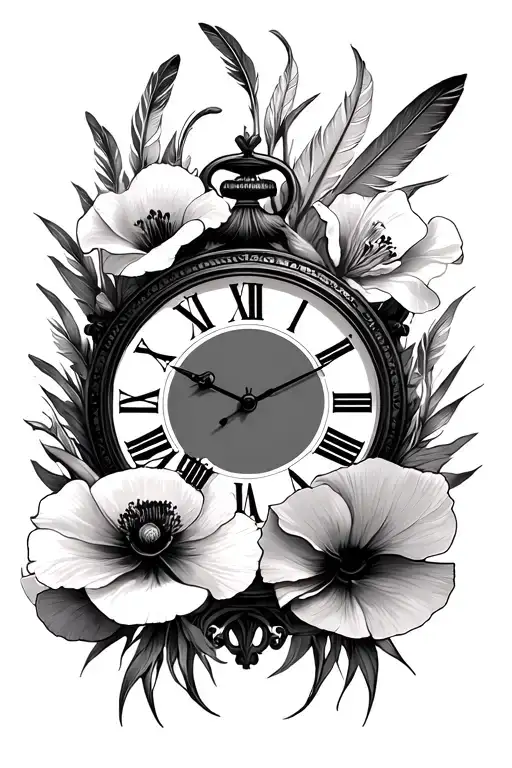 Roman Numeral Clock Face With Gladioli And Poppy Flower With Featherswrapping Around